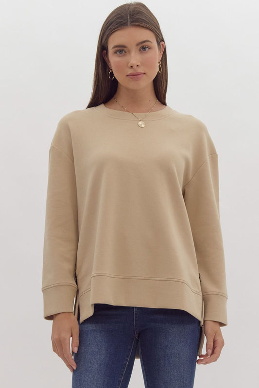PULLOVER W/ ZIPPERED SPLIT HEM - TAUPE