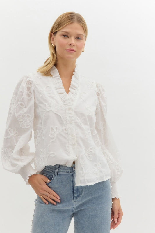 FLORAL APPLIQUE LS BUTTON DOWN - OFF WHITE