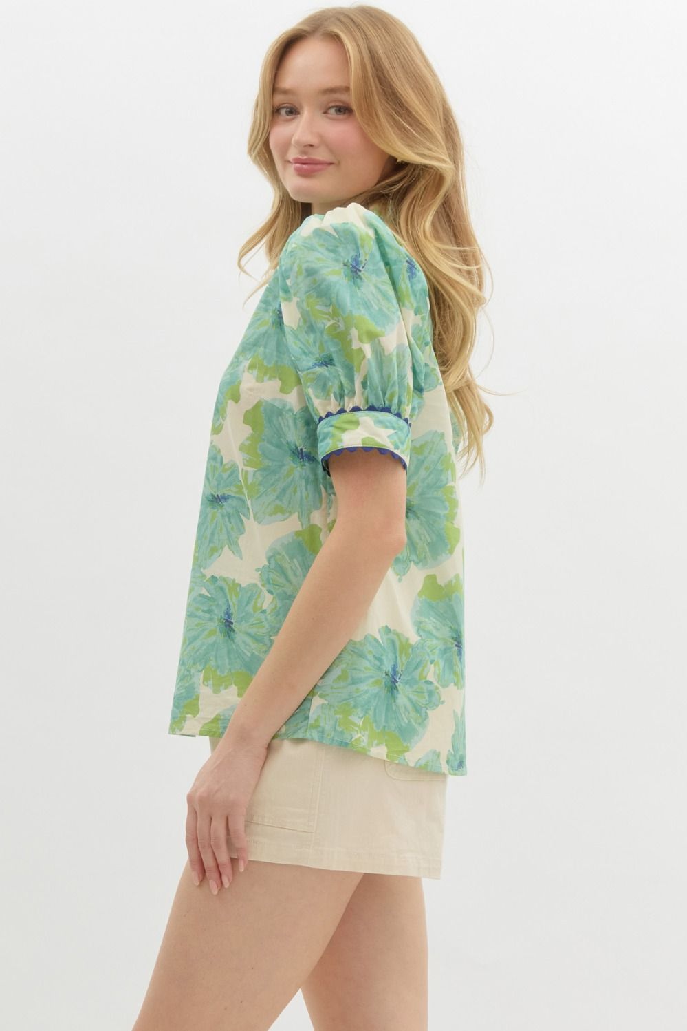 FLORAL PRINT BAND PUFF SLEEVE TOP - MINT