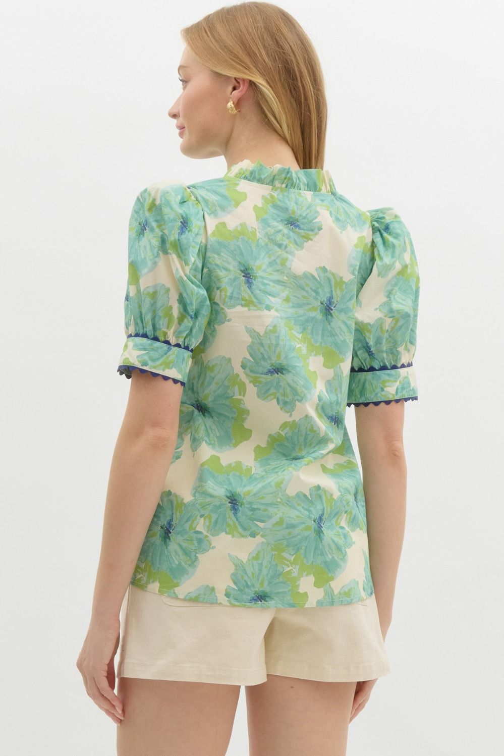 FLORAL PRINT BAND PUFF SLEEVE TOP - MINT
