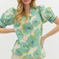 FLORAL PRINT BAND PUFF SLEEVE TOP - MINT