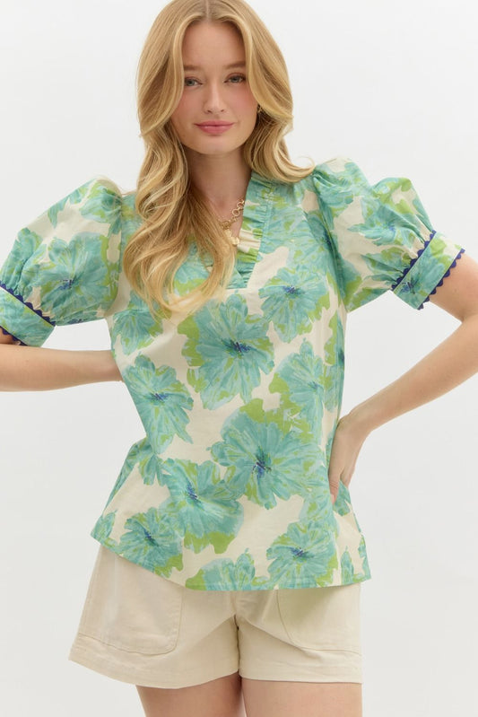 FLORAL PRINT BAND PUFF SLEEVE TOP - MINT