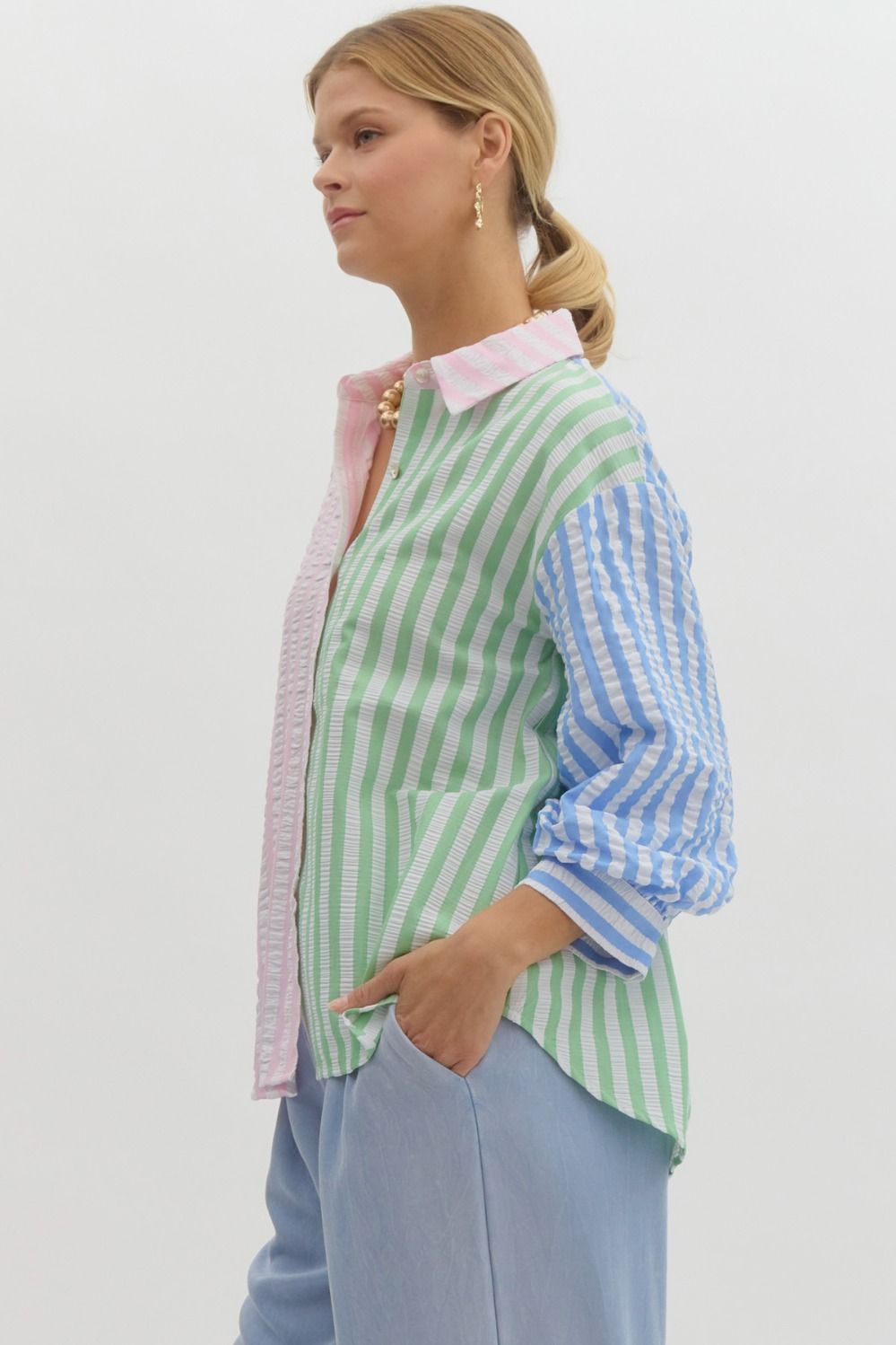 COLOR BLOCK STRIPED BUTTON DOWN - PINK COMBO