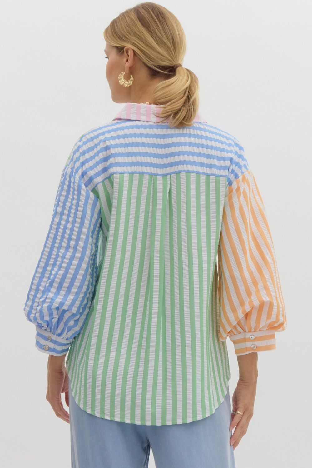 COLOR BLOCK STRIPED BUTTON DOWN - PINK COMBO