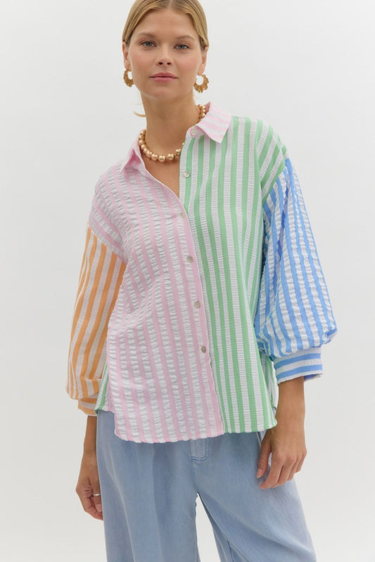 COLOR BLOCK STRIPED BUTTON DOWN - PINK COMBO