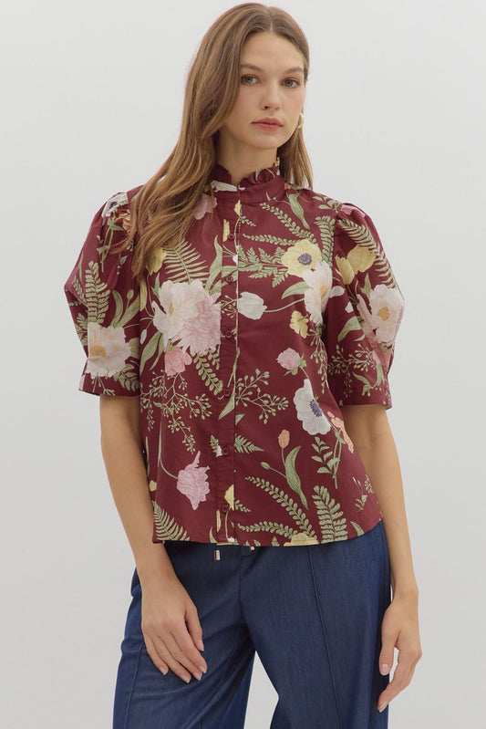 RUFFLED NECK  FLORAL TOP - MERLOT