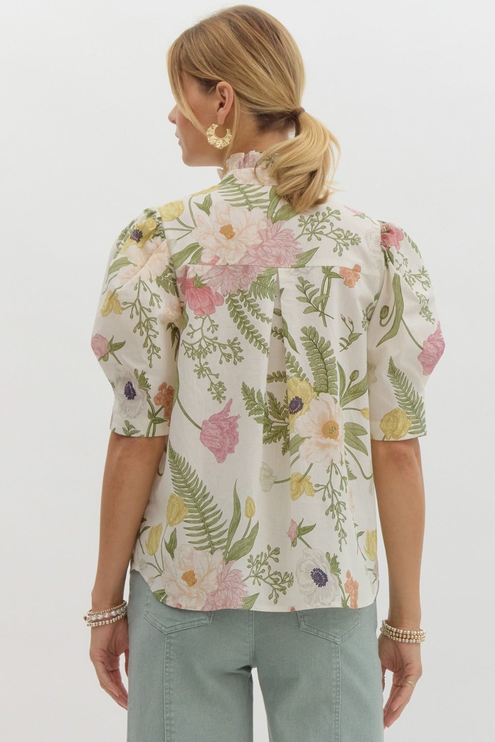 RUFFLE NECK FLORAL TOP - CREAM