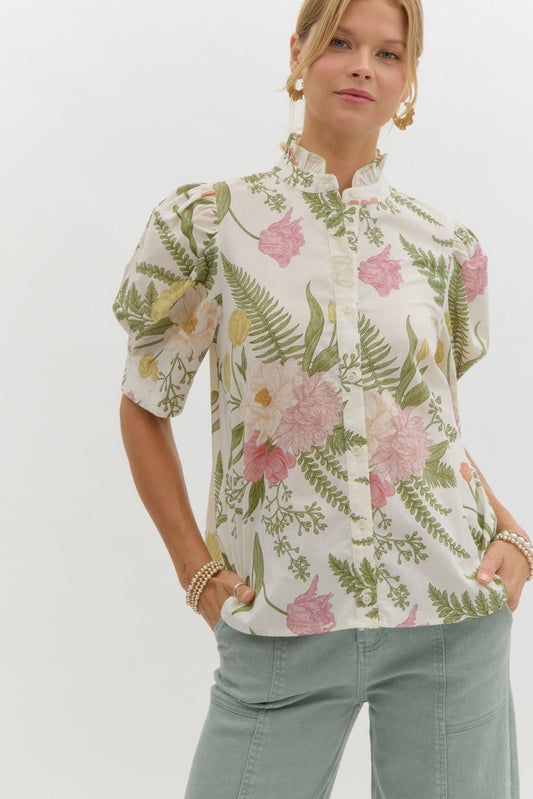 RUFFLE NECK FLORAL TOP - CREAM