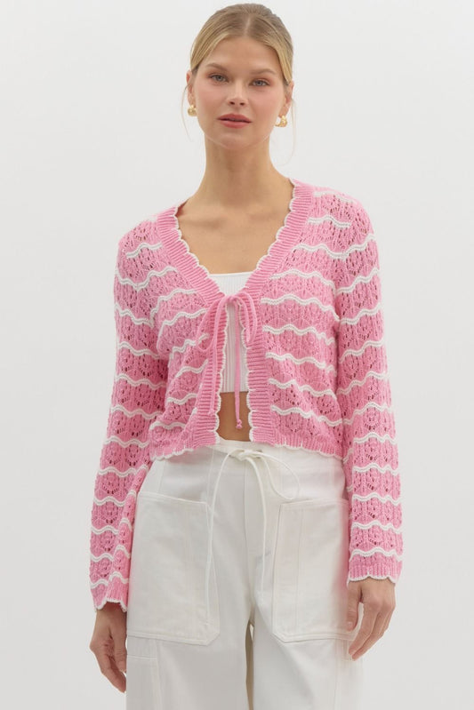 CROPPED KNIT STRIPE CARDIGAN - PINK