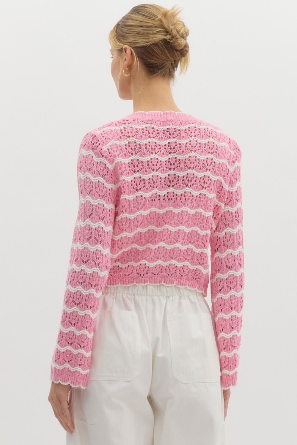 CROPPED KNIT STRIPE CARDIGAN - PINK