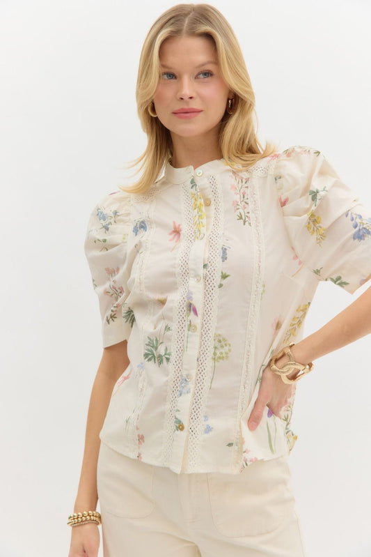 FLORAL COTTON LACE TOP - CREAM