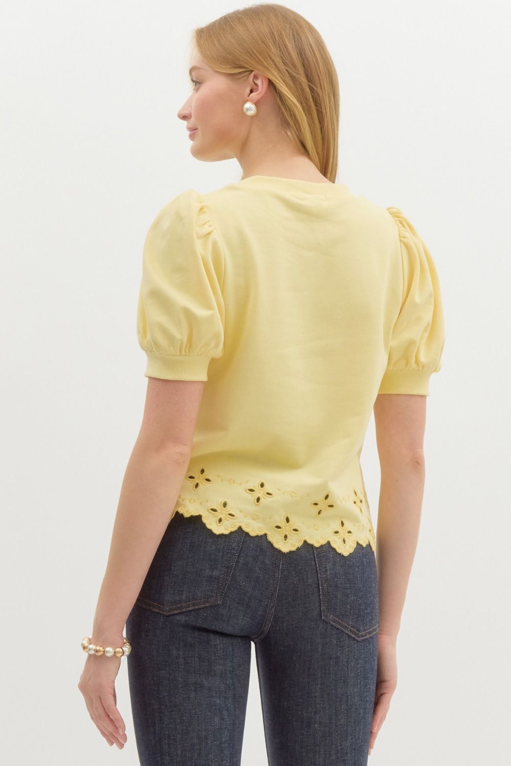 PUFF SLEEVE EMBROIDERED TOP - LEMON