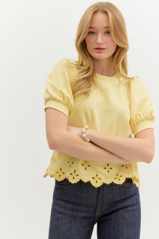 PUFF SLEEVE EMBROIDERED TOP - LEMON