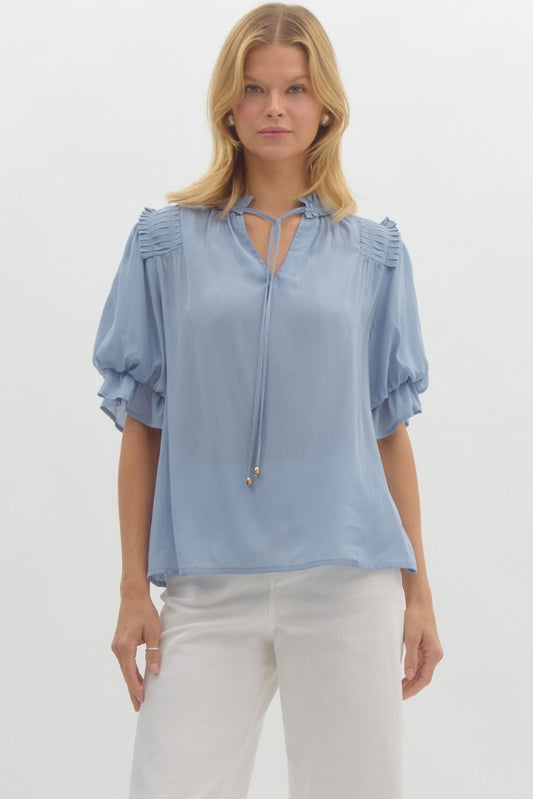 PLEAT ACCENT SHOULDER TOP - CHAMBRAY