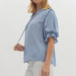 PLEAT ACCENT SHOULDER TOP - CHAMBRAY