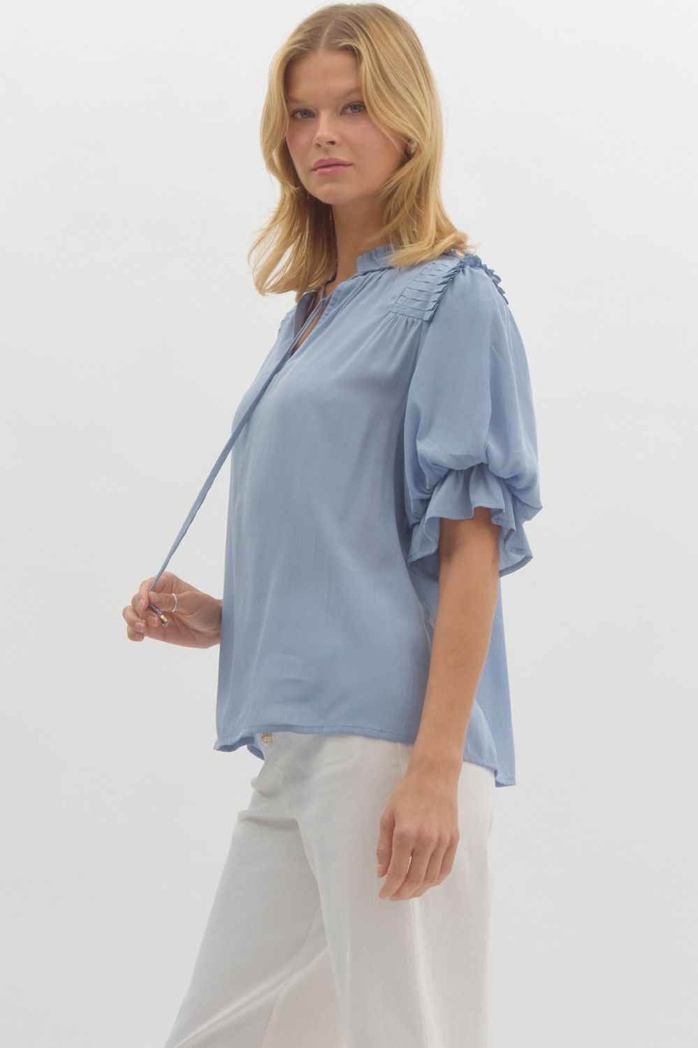 PLEAT ACCENT SHOULDER TOP - CHAMBRAY