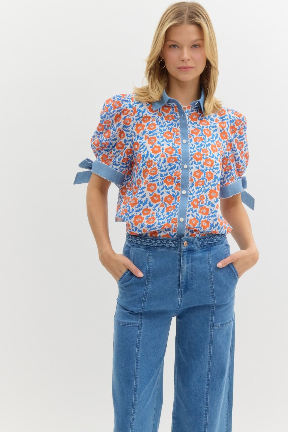 FLORAL PRINT BOW TIE TOP - ORANGE