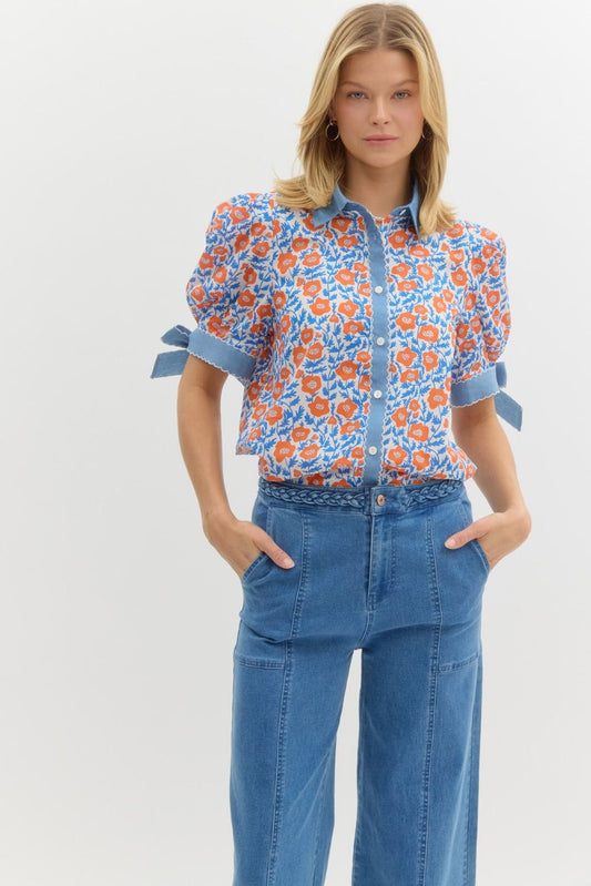 FLORAL PRINT BOW TIE TOP - ORANGE