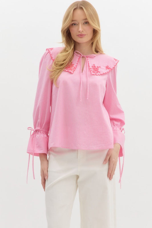 STRIPE EMBROIDERED TOP - PINK