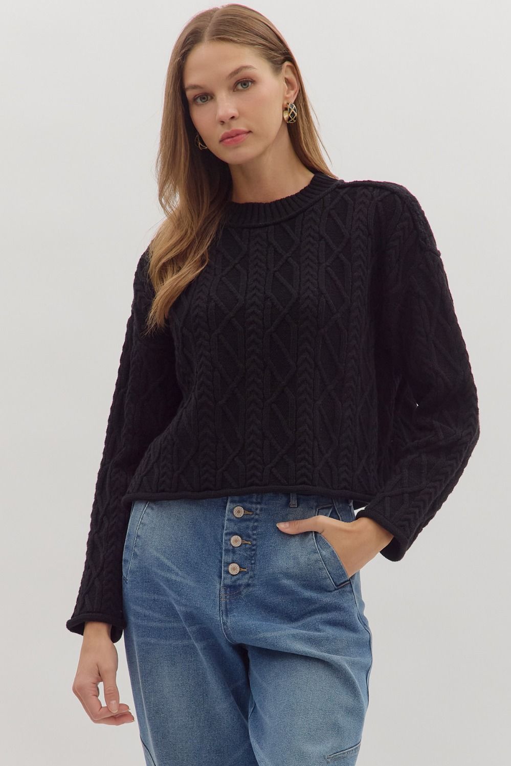 SOLID LONG SLEEVE TEXTURED CABLE KNIT TOP - BLACK