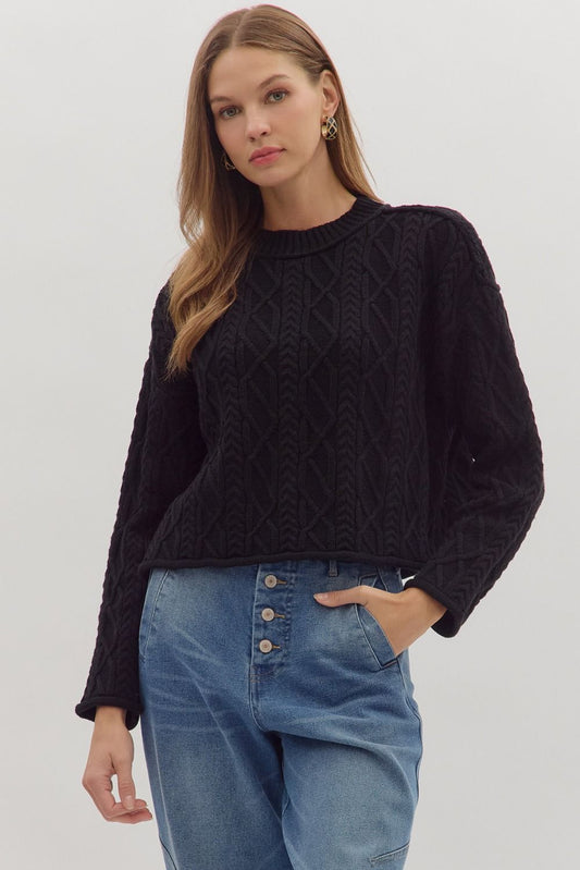 SOLID LONG SLEEVE TEXTURED CABLE KNIT TOP - BLACK