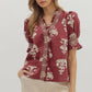 FLORAL PRINT SHORT PUFF SLEEVE TOP - GARNET