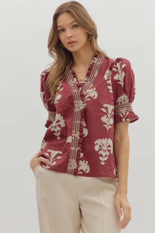 FLORAL PRINT SHORT PUFF SLEEVE TOP - GARNET