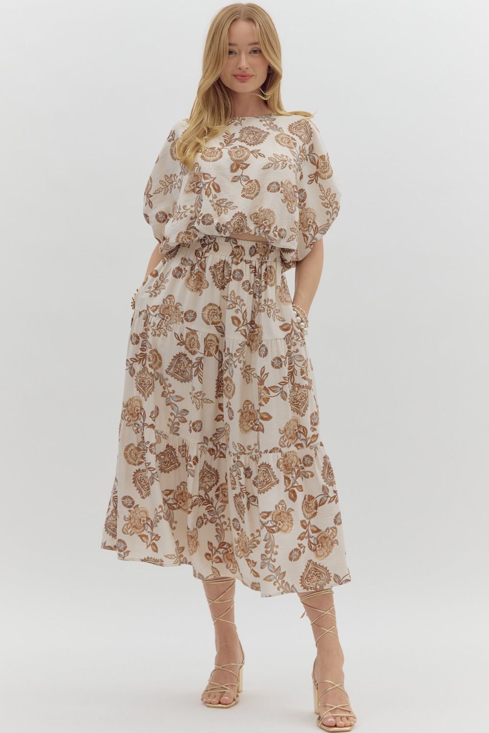 FLORAL PRINT TIERED MIDI SKIRT - BROWN