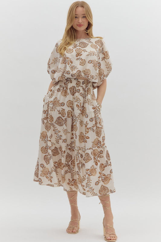 FLORAL PRINT TIERED MIDI SKIRT - BROWN