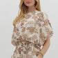 FLORAL PRINT DOLMAN SLEEVE TOP WITH BUBBLE HEM - BROWN