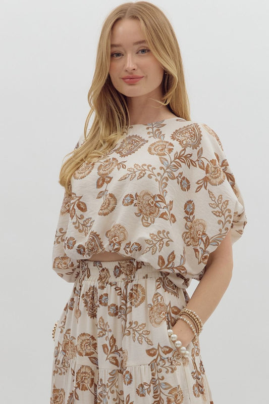 FLORAL PRINT DOLMAN SLEEVE TOP WITH BUBBLE HEM - BROWN