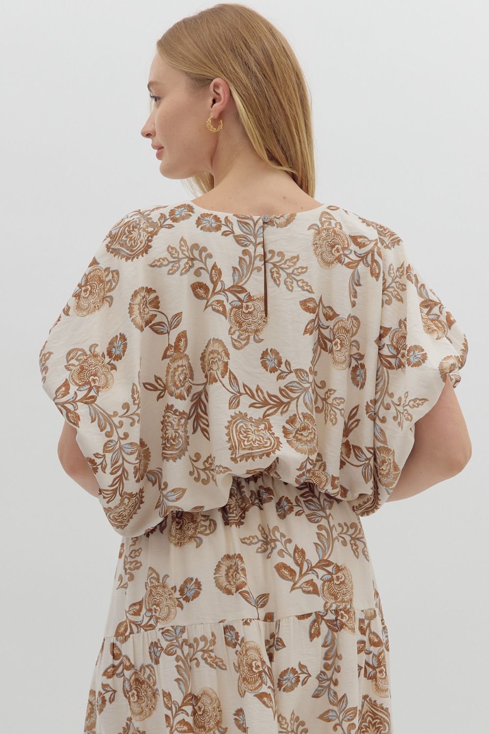 FLORAL PRINT DOLMAN SLEEVE TOP WITH BUBBLE HEM - BROWN