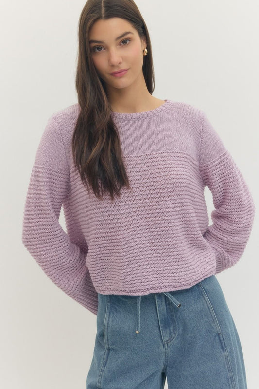 SOLID LONG SLEEVE TOP ROUND NECKLINE RIB TEXTURE - LAVENDER
