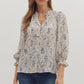 FLORAL PRINT LONG SLEEVE TOP  W/SMOCKED CUFFS - ECRU