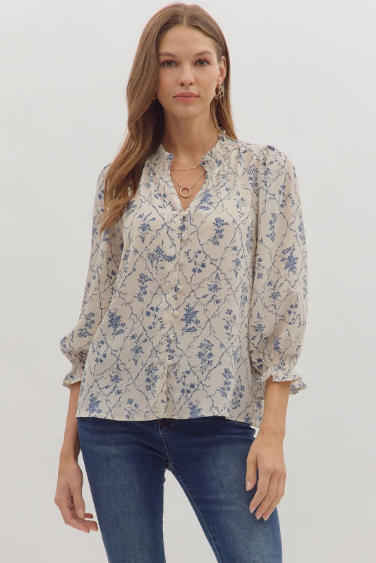 FLORAL PRINT LONG SLEEVE TOP  W/SMOCKED CUFFS - ECRU