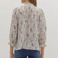FLORAL PRINT LONG SLEEVE TOP  W/SMOCKED CUFFS - ECRU