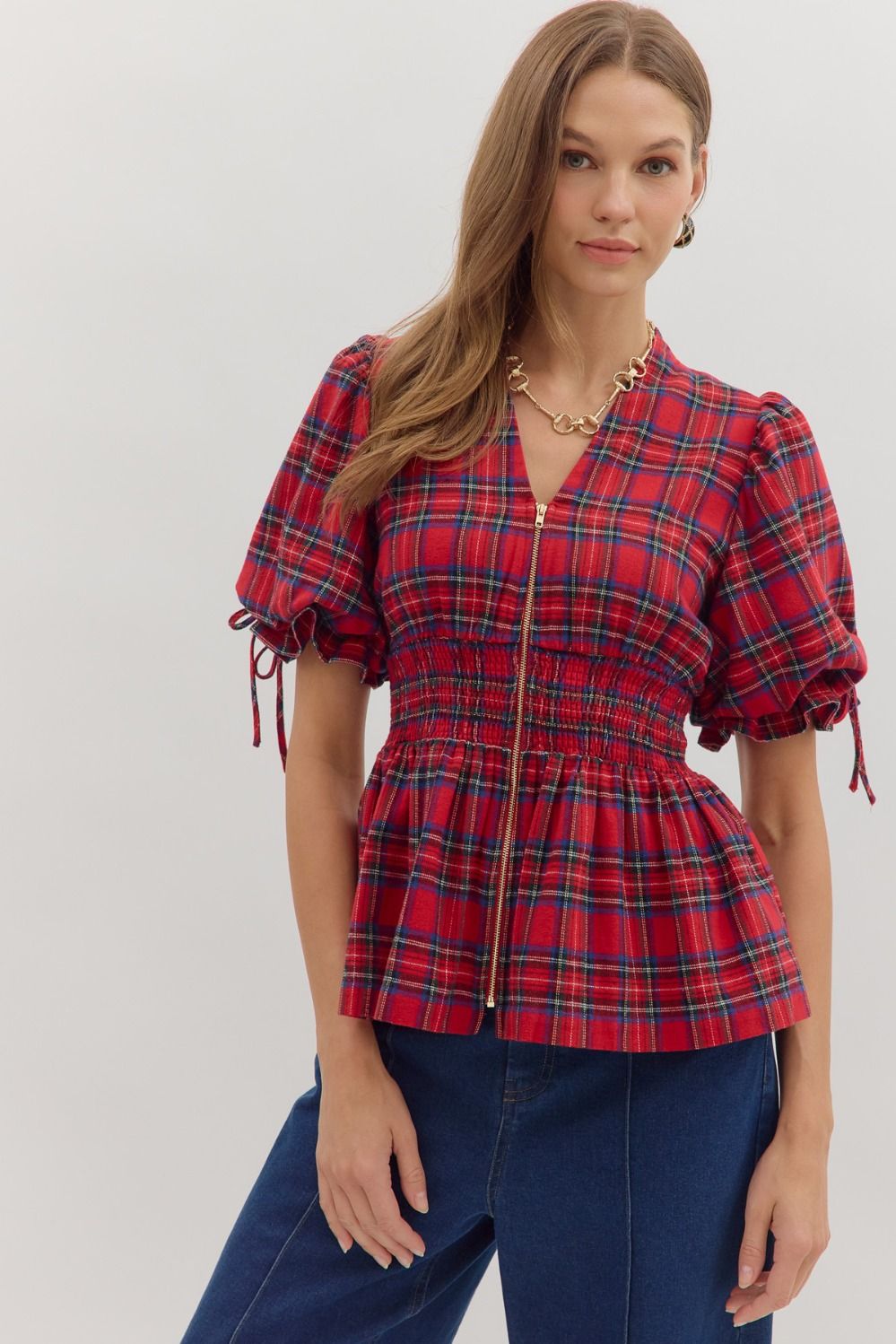 PLAID SHORT PUFF SLEEVE TOP - RED