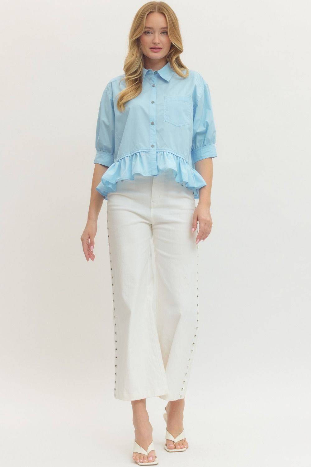 SOLID 3/4SLEEVE BUTTON-DOWN TOP WITH RUFFLE - CHAMBRAY
