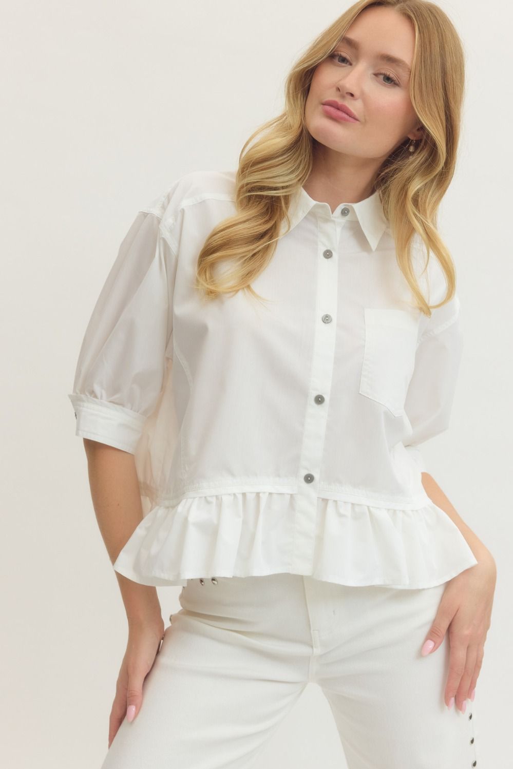 SOLID 3/4SLEEVE BUTTON-DOWN TOP WITH RUFFLE - OFF WHITE