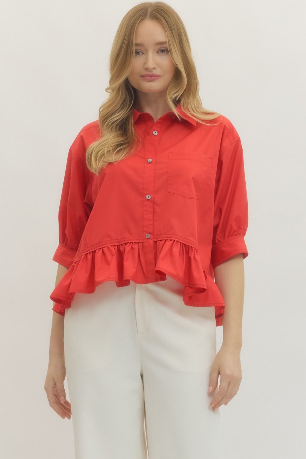 SOLID 3/4SLEEVE BUTTON-DOWN TOP WITH RUFFLE - RED
