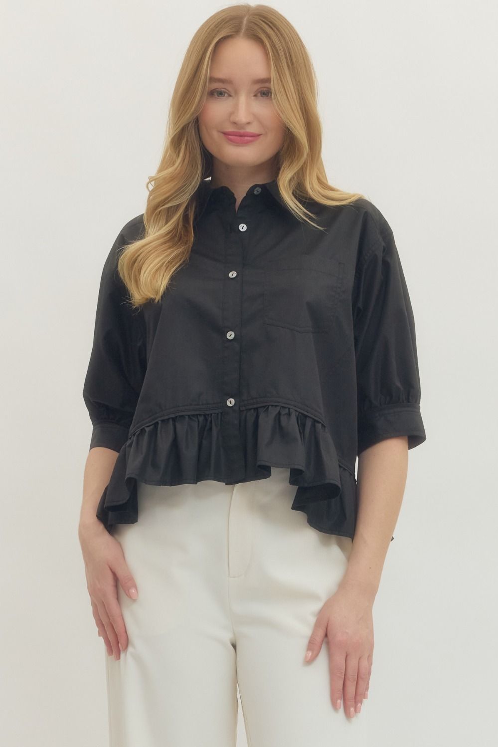 SOLID 3/4SLEEVE BUTTON-DOWN TOP WITH RUFFLE - BLACK
