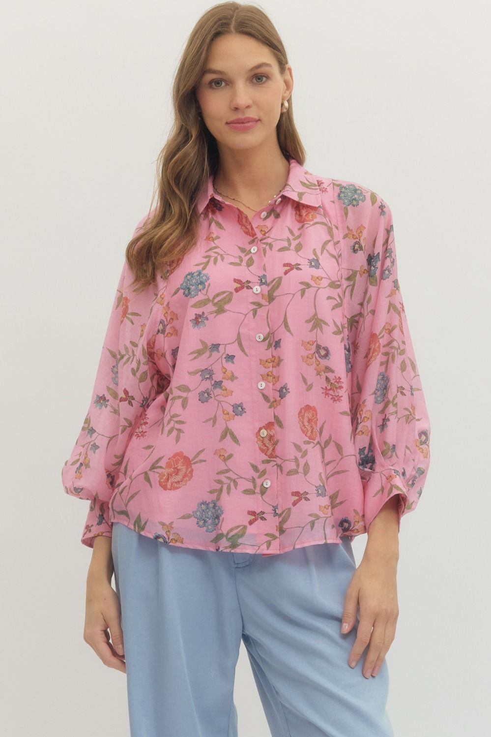 FLORAL PRINT LONG SLEEVE COLLARD BUTTON TOP