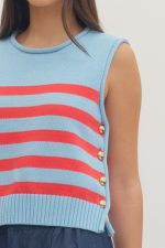 STRIPED SLEEVELESS KNIT TOP RIBBED CREW NECKLINE  - BLUE
