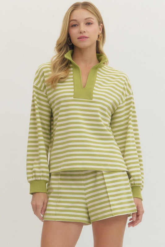 STRIPED LONG SLEEVE KNIT TOP - MATCHA