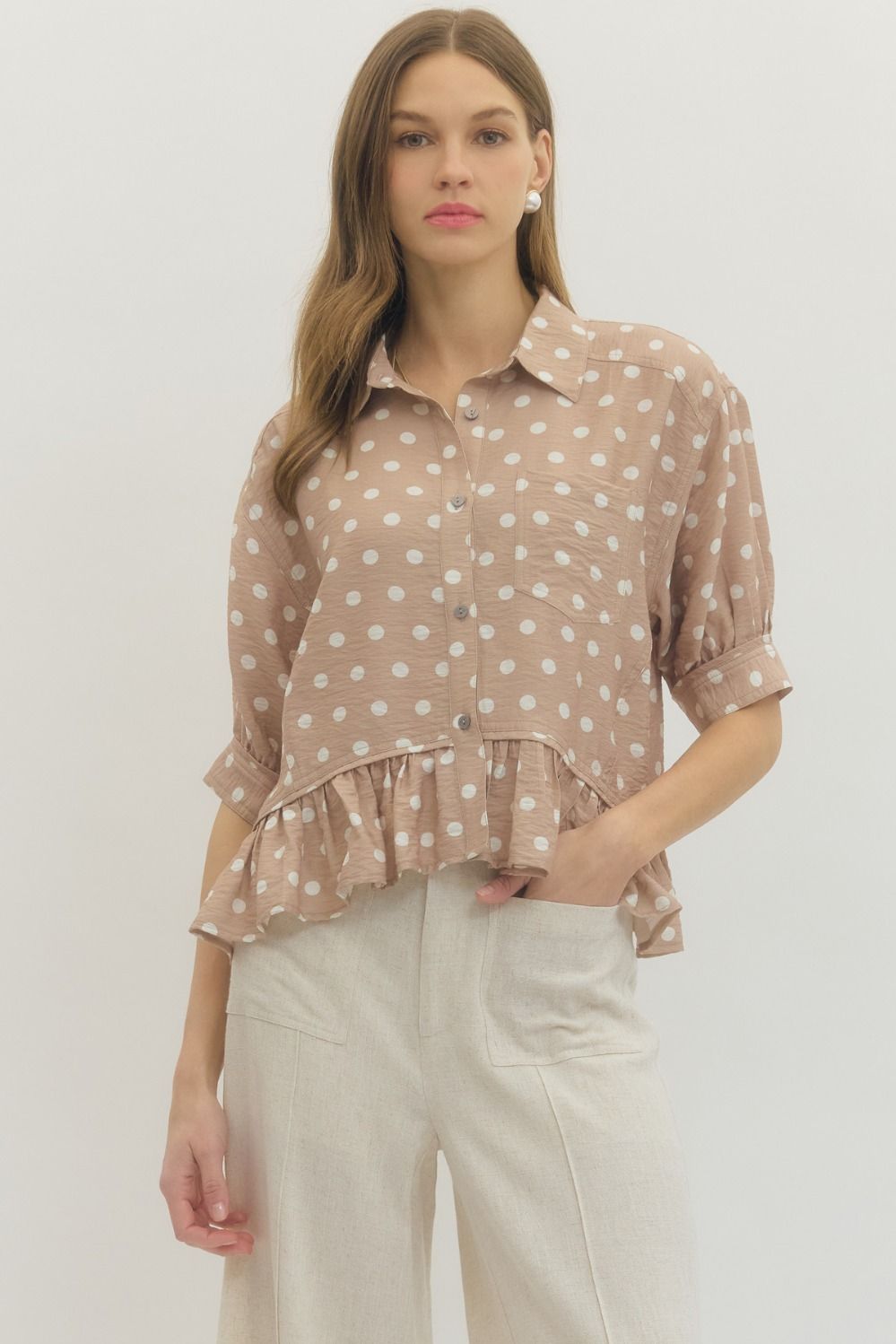 POLKA DOT WAIST LENGTH TOP - SAND