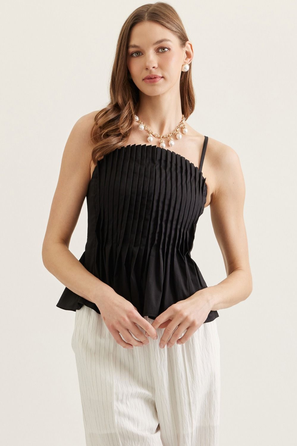 SOLID PLEATED CAMI TOP - BLACK
