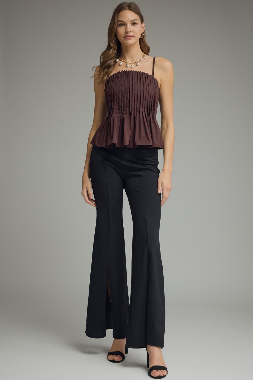 SOLID PLEATED CAMI TOP - BROWN