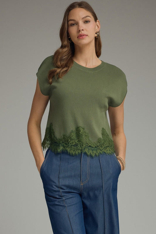 SOLID CAP SLEEVE KIT TOP LACE TRIM - OLIVE