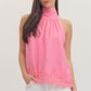 SLEEVELESS HALTER TOP WITH HIGHNECK  LACE TRIM HEM - PINK