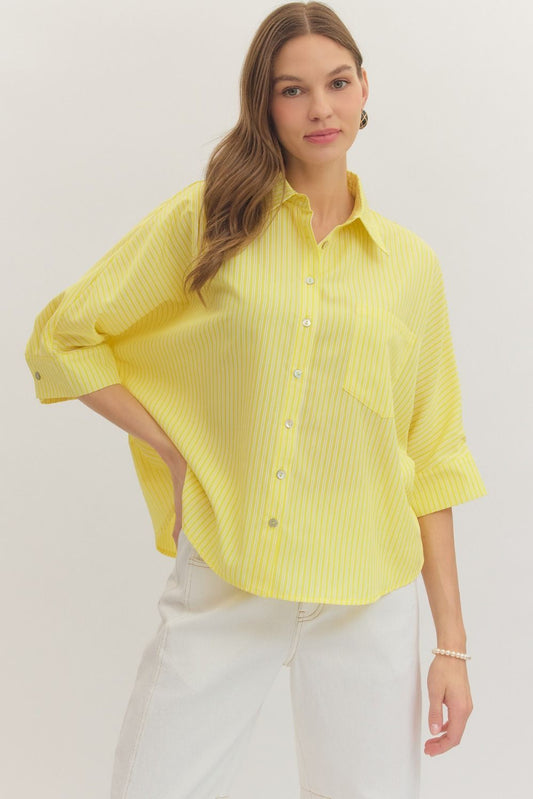 STRIPE ELBOW-LENGTH BUTTON DOWN TOP - LEMON